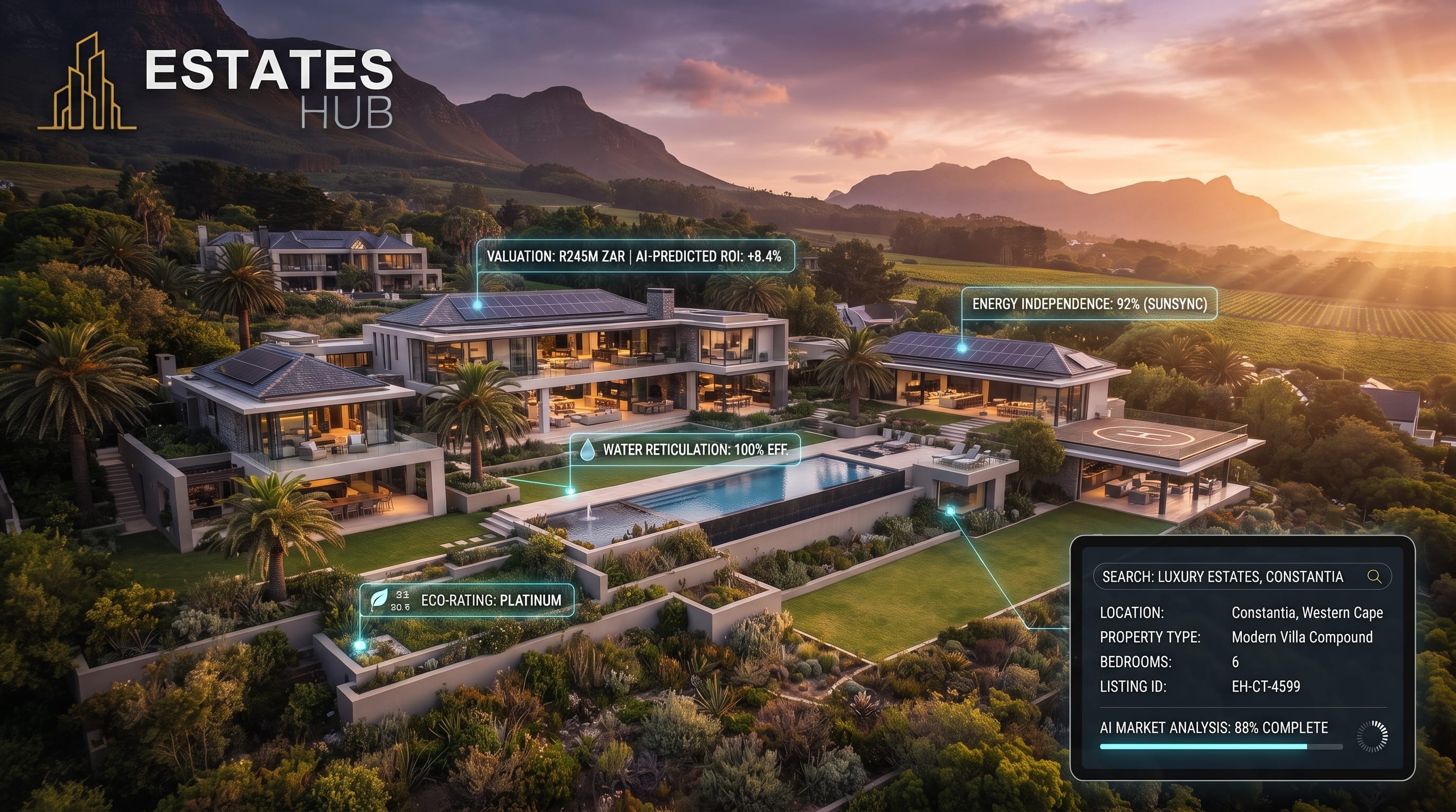 A modern digital interface display showing the Estates Hub property portal platform dashboard overlooking the Sandton skyline in Johannesburg, South Africa.