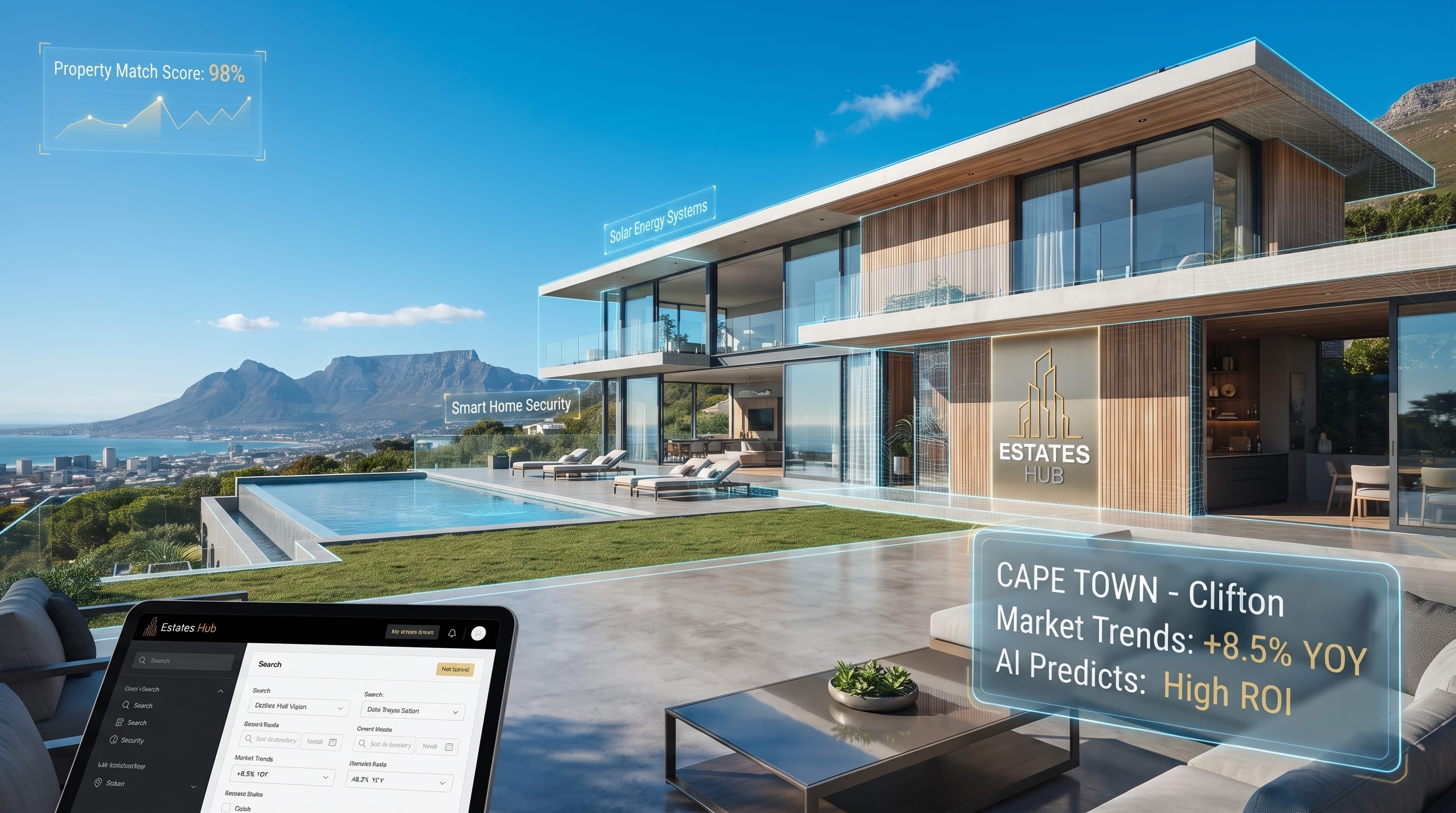 A modern digital interface display showing the Estates Hub property portal platform dashboard overlooking the Sandton skyline in Johannesburg, South Africa.