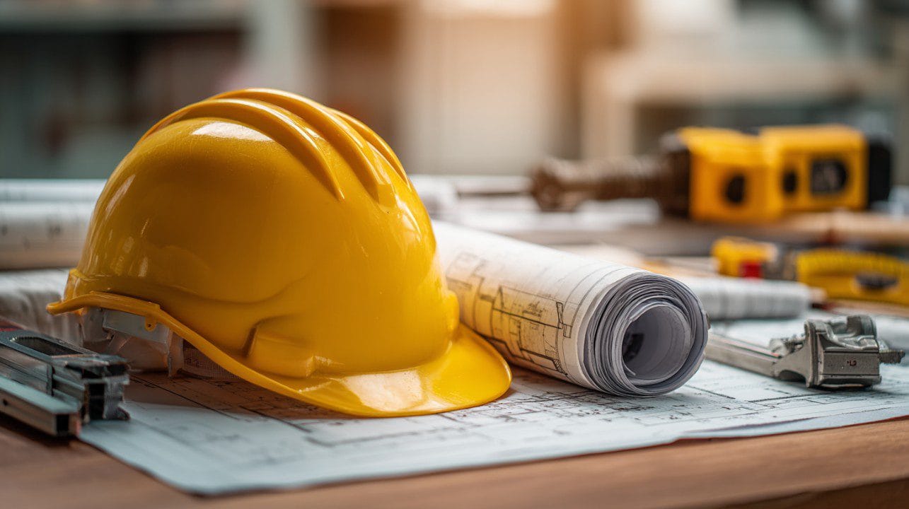 Architectural building plans, construction blueprints, and a helmet on a wooden table representing South African property compliance