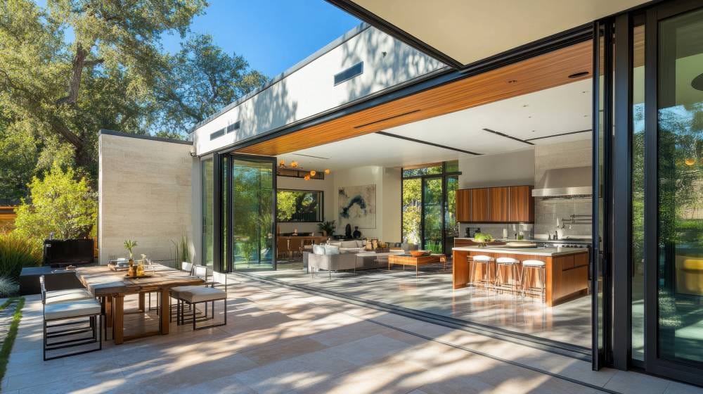 Modern open-plan South African living room featuring natural wood finishes, indoor plants, and large glass sliding doors