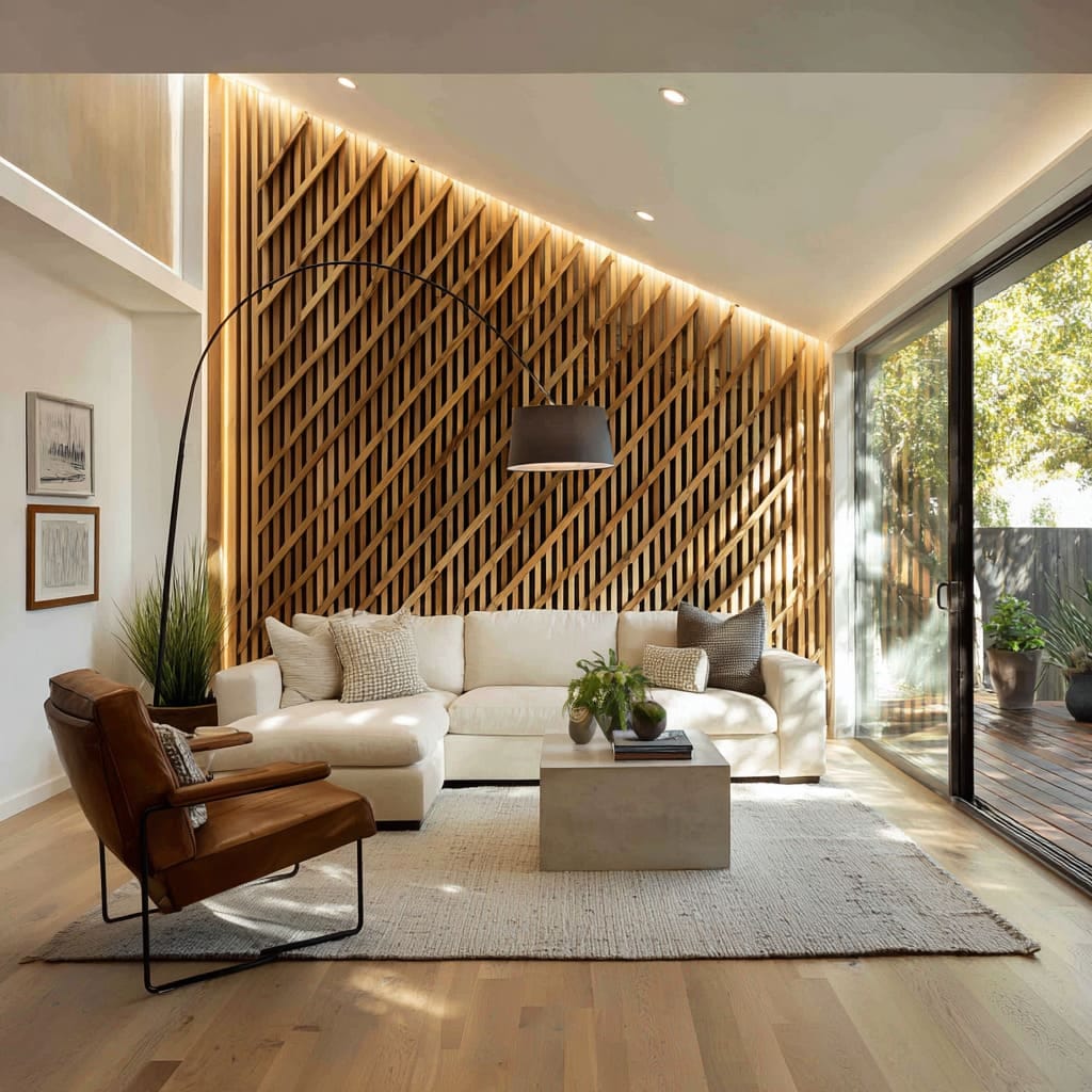 South African DIY enthusiast installing a modern wooden slatted accent wall in a bright, contemporary living room
