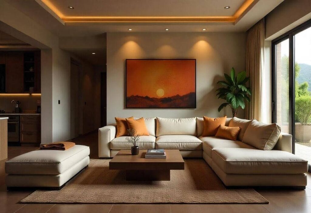 Modern South African living room interior featuring a curved neutral sofa, textured bouclé pillows, and warm earthy tones
