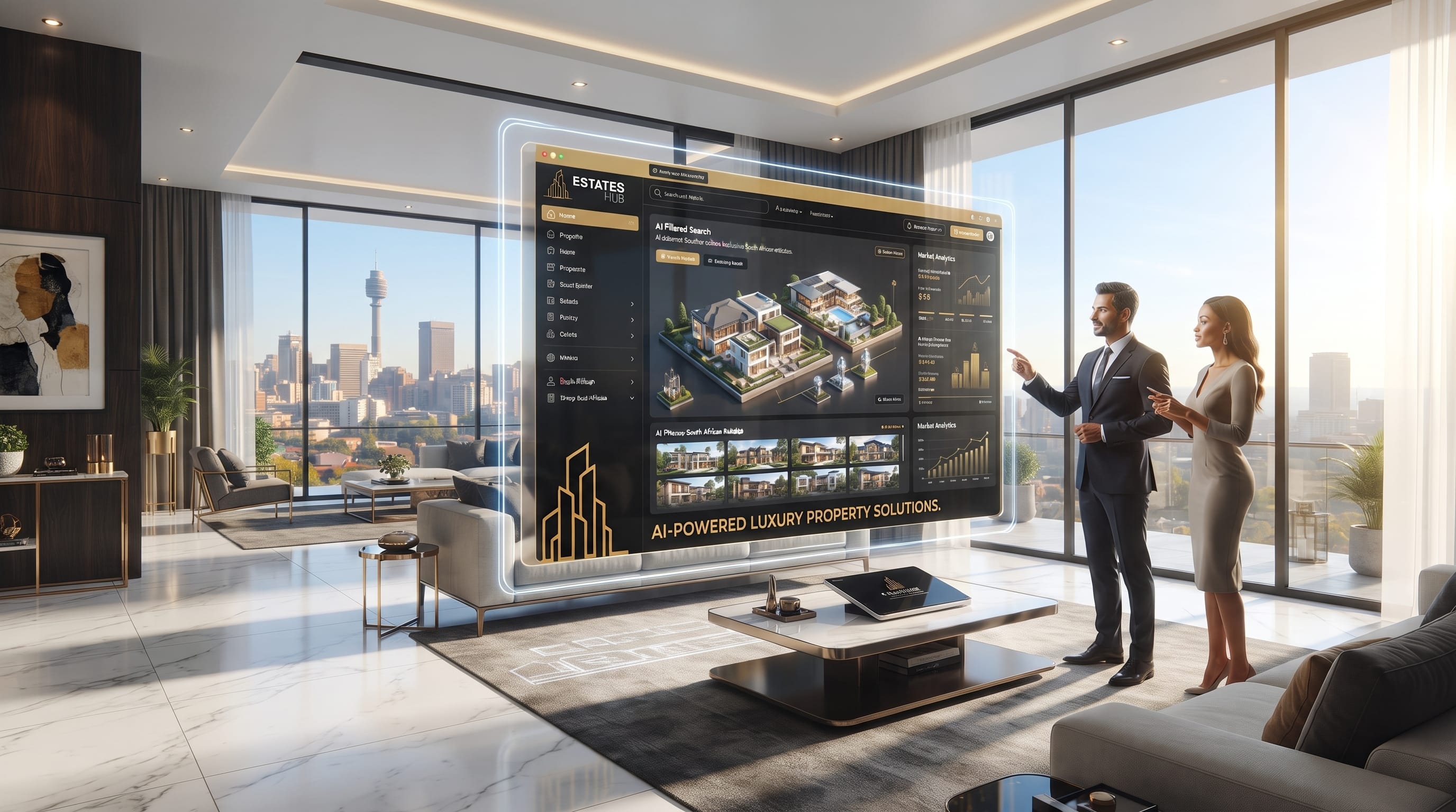 Modern software dashboard interface showing South African property analytics, maps, and real estate listings on a digital screen