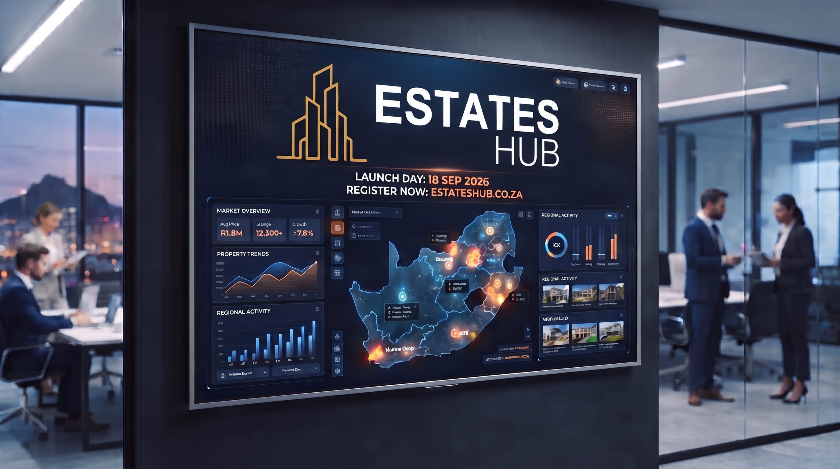 Official countdown graphic for Estates Hub launch on a modern digital screen showing South African property maps and statistics