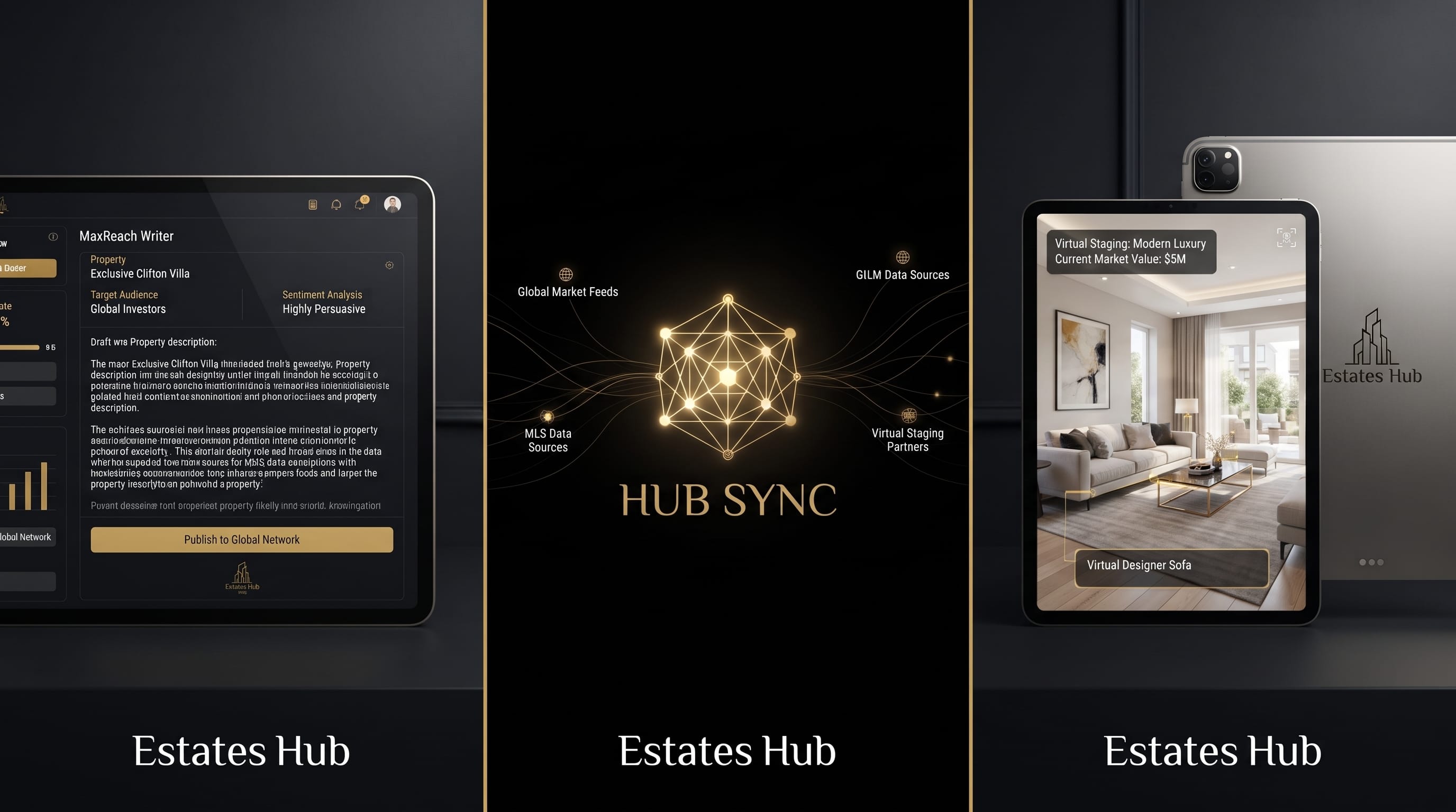 AI-powered South African property marketing platform showing Estates Hub MaxReach Writer, HUB SYNC and Hub Vision